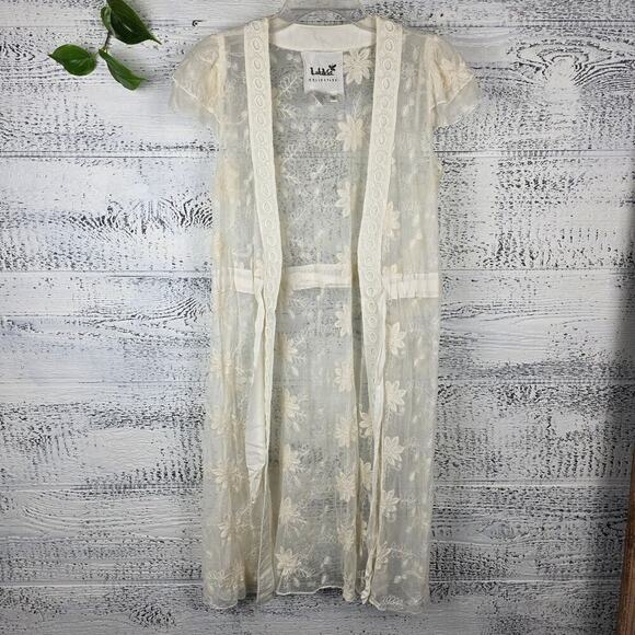 LulaVida Collective Other - LulaVida Collective Ivory Floral Sheer Lace Kimono Duster Sz S Romantic Bohemian